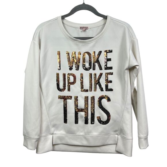 Juicy Couture Womens Gold Sequin Sweatshirt I Woke‎ Up Like This Logo Ponte Sz M - Picture 1 of 6